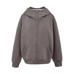 Sweat à capuche zippé taupe en coupe décontractée avec bords-côtes et poches kangourou