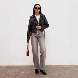 Veste de Moto en Similicuir pour Femme Manteau de Biker Vintage Avec Ceinture Revers Fermeture Éclair Court Printemps Automne PU