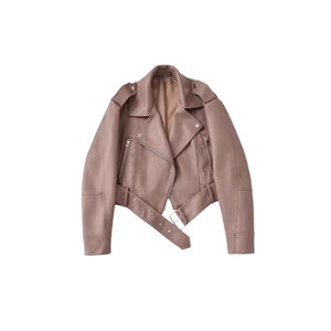 Women's chic mocha brown washed PU faux leather motorcycle jacket with adjustable belt