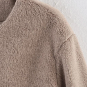 Women's light camel faux wool jacket with round neck and plush texture for winter
