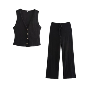 Women's 2-piece set with V-neck textured button vest and drawstring wide-leg pants in black