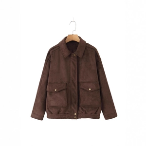 Short brown faux suede jacket for women with utility pockets and a turndown collar
