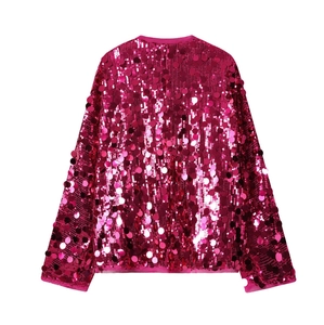 Detailed close-up of vibrant rose red sequins on a long-sleeve party jacket for women