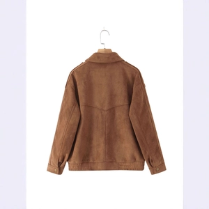 Back view of brown suede jacket for women with Y-shaped stitching and ribbed hemline