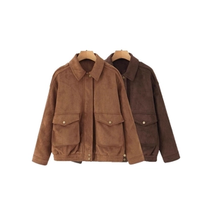 Oversized suede-textured flap pocket jackets in light camel and dark coffee colors
