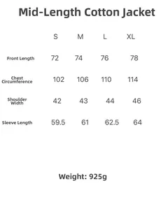 Detailed size chart for mid-length padded jacket with bust and length measurements