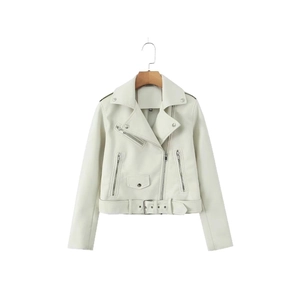 Veste de moto en similicuir blanc crème pour femme avec col à revers et ceinture, vue face