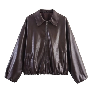 Veste Pilote en Similicuir pour Femmes Mode Vintage Marron Fermeture Éclair Coupe Ample Revers Manches Longues Manteau Biker
