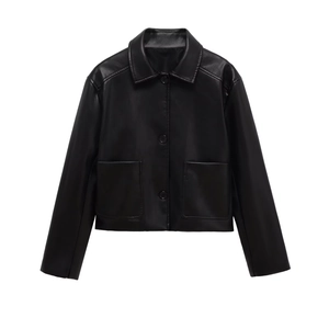 Close-up of black faux leather jacket with lapel collar, buttons and large front pockets