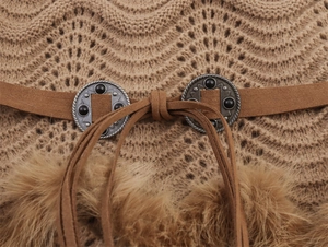 Macro detail of khaki knit top featuring faux fur trim and beaded suede drawstrings