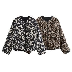 Giacca Trapuntata Leopardata Da Donna Manica Lunga Girocollo Poliestere Cappotto Corto Casual Con Tasche