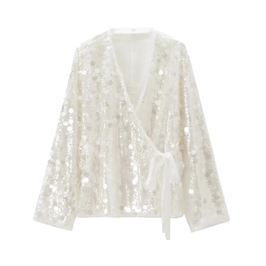 Elegant white sequin wrap top with deep V-neck and silk ribbon tie for women