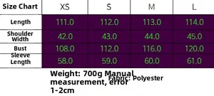 Detailed size chart for faux fur coat showing lengths and measurements in centimeters