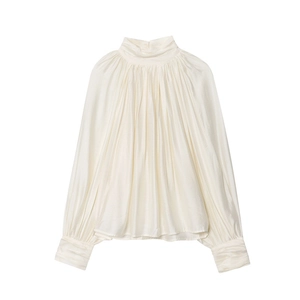 Elegant cream pleated satin long sleeve blouse with a draped high neck and silk luster