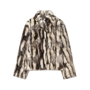 Women Faux Fur Coat Fashion Standing Collar Long Sleeve Striped Leopard Pattern Jacket Warm Elegant Winter Outerwear Streetwear