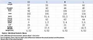 Detailed size guide table for women's autumn jacket including XS to L measurements and material