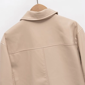 Classic beige faux leather jacket featuring detailed back stitching and minimalist design