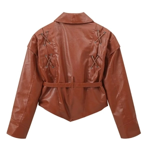 Braune PU-Lederjacke mit Schnürung am Rücken und verstellbarem Taillengürtel