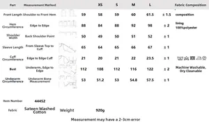 Detailed size chart for women fashion jacket with fabric and washing instructions