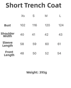 Size chart showing chest, shoulder, sleeve length measurements for women's short trench coat