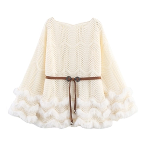 Off-shoulder off-white knit top with hollow patterns, faux fur trim, and a slim waist belt