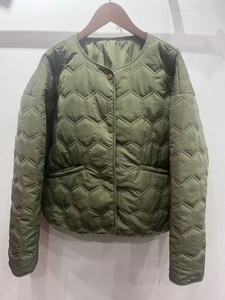 Detail der armee-grünen Steppjacke mit Sechseck-Steppung und goldfarbenen Druckknöpfen