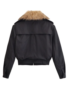 Back view of a black bomber jacket featuring a brown faux fur collar and ribbed hem