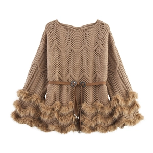 Brown off-shoulder knit top with faux fur trim sleeves and matching waist belt