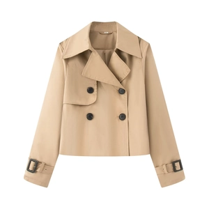 Detail of khaki cropped double-breasted trench coat showing lapel and adjustable cuffs
