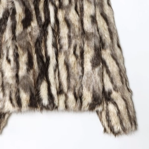 Women's faux fur coat with fashionable brown striped pattern and soft plush texture