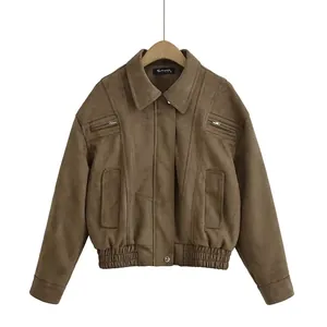 Giacca da Donna in Finta Pelle Scamosciata Vintage Cappotto Bomber Retro Moto Con Tasche Vestibilità Larga Manica Lunga