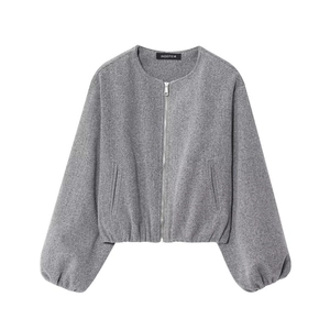 Women's Casual Round Neck Bomber Jacket Short Zipper Coat Soft Warm Loose Fit Solid Color Long Sleeve Top For Daily Wear