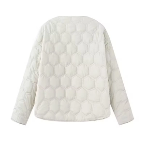 Beige Steppjacke für Damen mit stilvoller Sechseck-Stickerei und kragenlosem Design