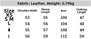 Size chart for vintage faux leather biker jacket with shoulder and chest measurements