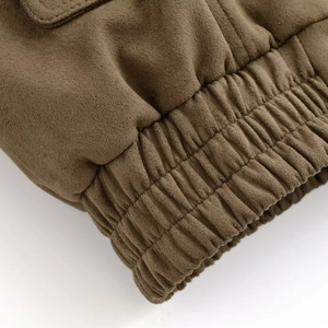 Giacca biker in finta pelle scamosciata marrone con polsini elastici e cuciture fini