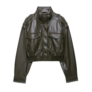 Women's Vintage Olive Green PU Leather Moto Jacket Stand Collar Short Bomber Flight Coat With Shoulder Straps Zip Up Outwear