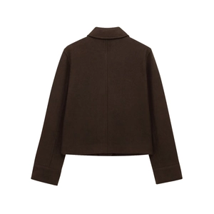 Deep brown short jacket for women featuring a classic collar and soft wool-like fabric back