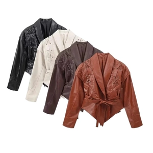 Vintage PU-Lederjacke für Damen mit Schulterriemen und Taillenband in vier Trendfarben
