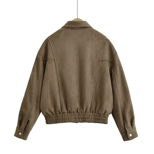 Giacca bomber da donna in finto scamosciato marron scuro con orlo elastico e cuciture