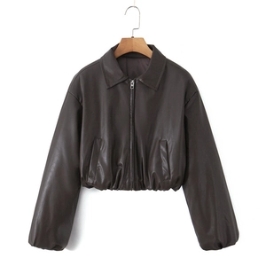 Detail of dark brown faux leather bomber jacket with elastic hem and shirt collar