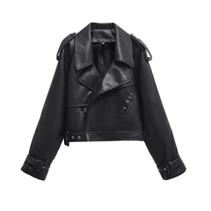 Detail of black PU leather biker jacket with wide lapels, epaulettes and metal eyelet belt