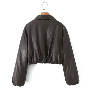 Rear view of a dark brown faux leather puffer jacket with elastic hem and turn-down collar