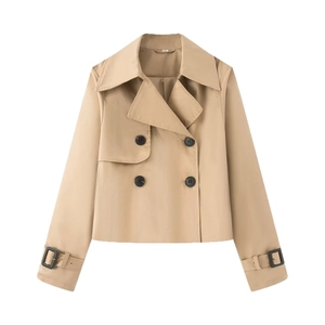 Classic khaki short trench coat for women with double-breasted buttons and lapel collar