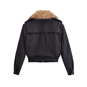 Women's black short bomber jacket featuring a thick faux fur collar and back wind flap