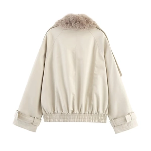 Rear view of beige jacket showing plush faux fur collar and elasticized hem detail