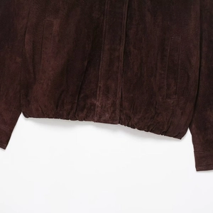 Giacca da donna in finta pelle scamosciata marrone scuro con orlo elastico e tasche
