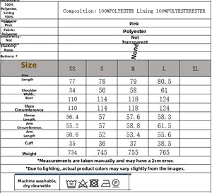 Size chart table for corduroy collar quilted jacket with measurements and wash care details