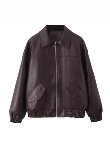Blouson aviateur classique en similicuir marron foncé avec fermeture éclair argentée