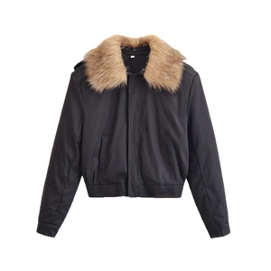 Short black bomber jacket for women featuring a plush brown faux fur collar and ribbed hem