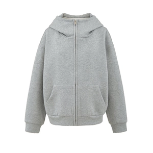 Sweat à capuche zippé gris ample pour femme avec poches avant et coupe décontractée